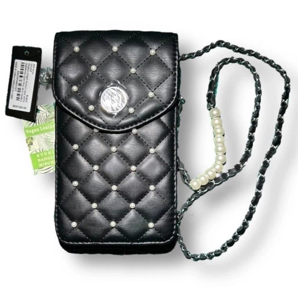 Badgley Mischka Black Quilted Pearl Strap Phone Crossbody Bag Vegan Leather NWT✨